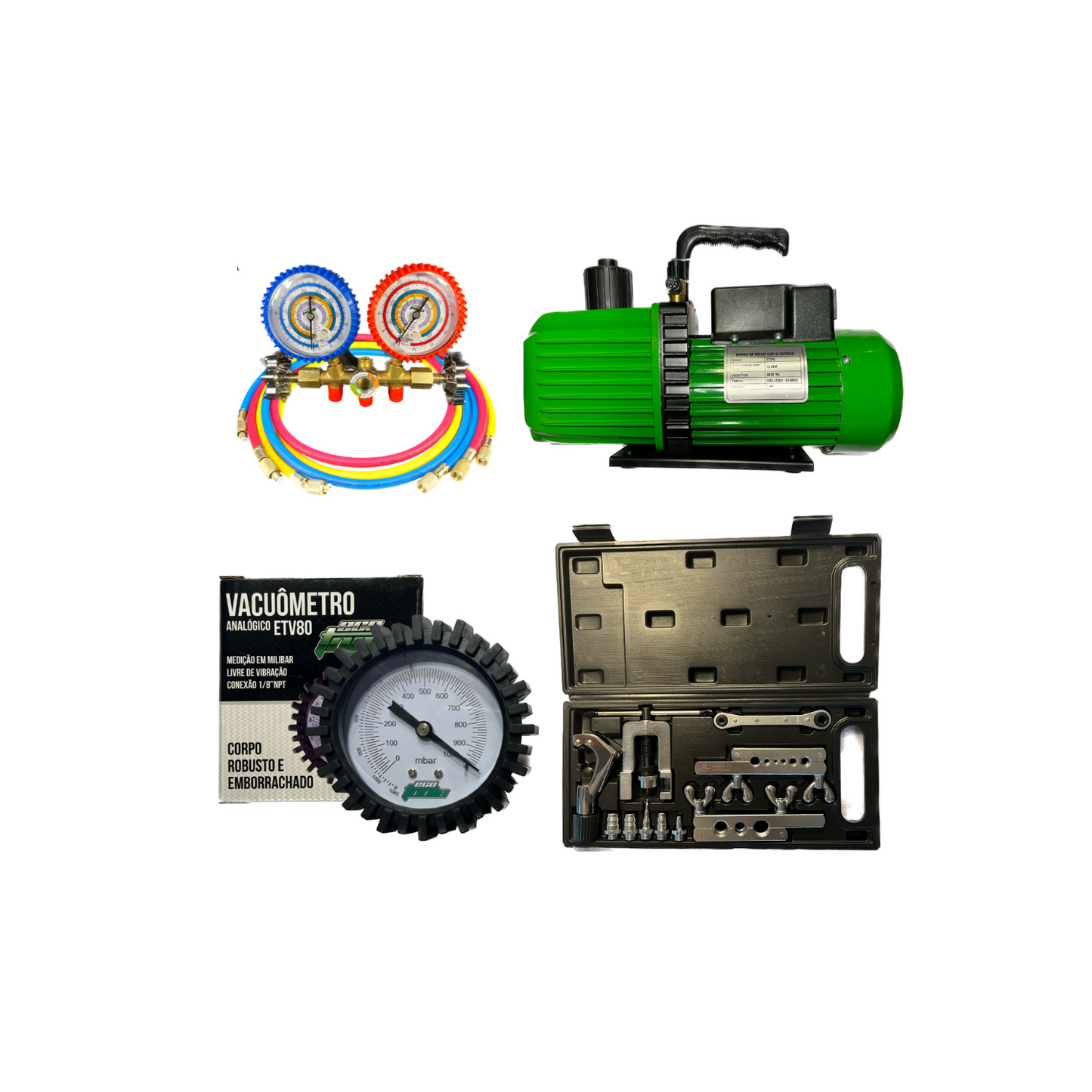 Kit Refrigeração 03 - Bomba de Vácuo 5CFM (ET140) + Manifold (ET361) + Flangeador (CT 278L) + Vacuômetro (ETV80)