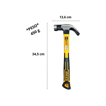 Martelo Unha Magnético com Cabeça em Aço Forjado e Corpo de 340 mm e 450g (HCH81016) - INGCO