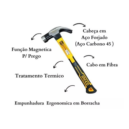 Martelo Unha Magnético com Cabeça em Aço Forjado e Corpo de 340 mm e 450g (HCH81016) - INGCO