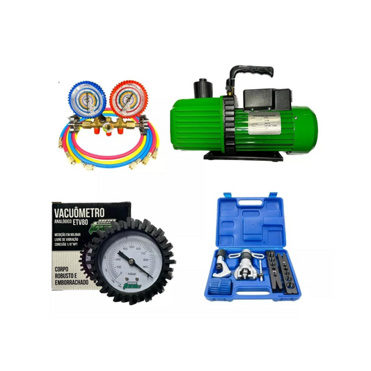 Kit Refrigeração 20 - Bomba de Vácuo 12CFM (ET340) + Manifold (ET361) + Flangeador Excêntrico (EOS-N806AM-L) + Vacuômetro (ETV80)