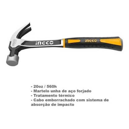 Martelo Unha Inteiro em Aço Forjado com Sistema de Absorção de Impacto de 340mm e 560g (HCH0820) - INGCO