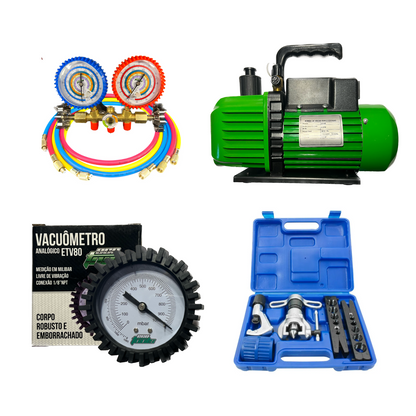 Kit Refrigeração 06 - Bomba de Vácuo 5CFM (ET140) + Manifold (ET361) + Flangeador Excêntrico (EOS-N806AM-L) + Vacuômetro (ETV80)